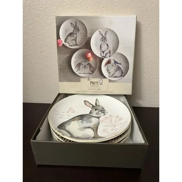 Pier 1 Imports Easter Elegant Gray Bunnies Rabbit 8" Salad Dessert Plates -4 BOX - Picture 2 of 7